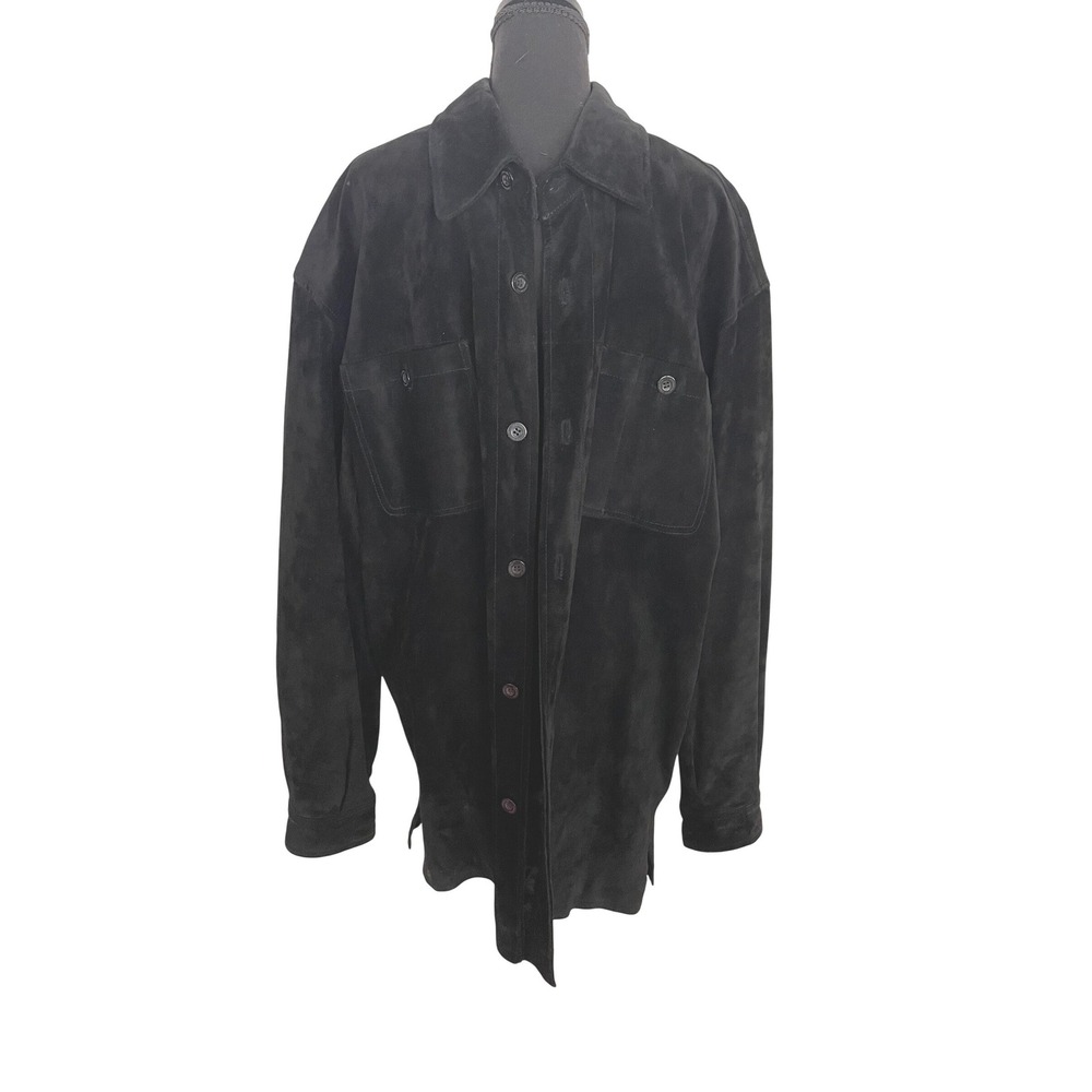 Claiborne Suede Shirt Jacket Mens L Black Leather Vintage Minimalist Gorpcore